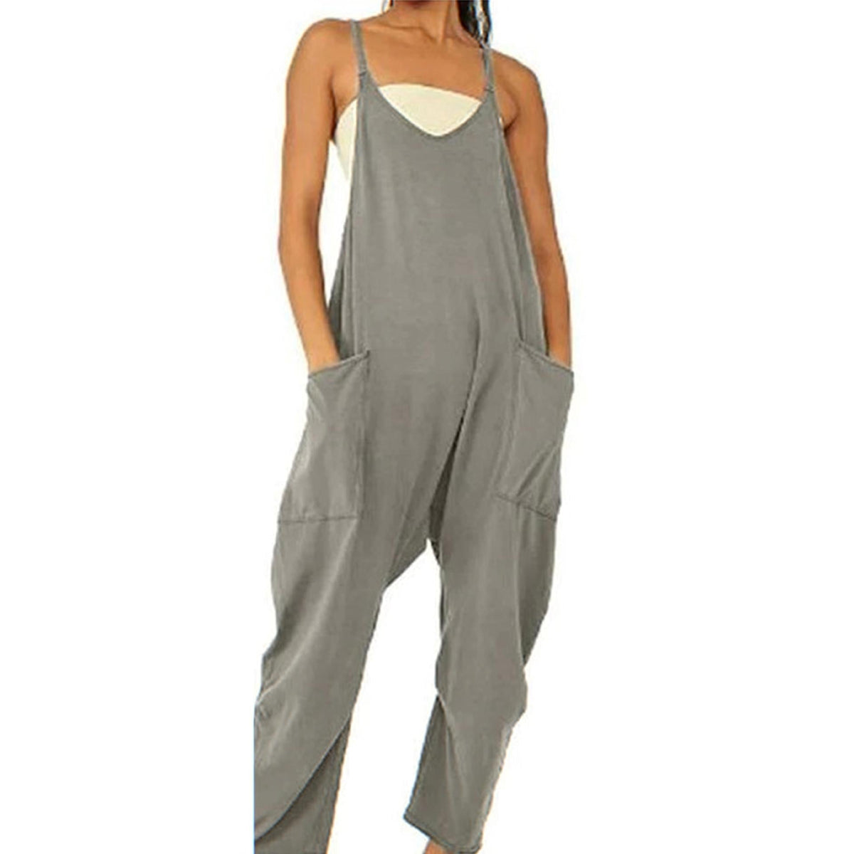 Lockerer, ärmelloser Damen-Jumpsuit mit Spaghettiträgern, Reißverschluss und Taschen – langer Stretch-Overall