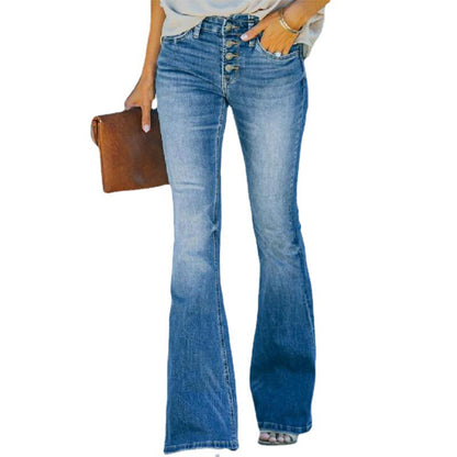 Damenjeans im Slim-Fit-Schnitt – schmal geschnittene, gewaschene Schlaghose mit mehrfacher Knopfleiste