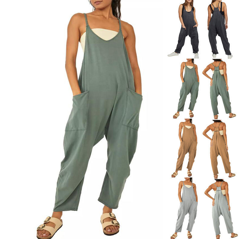 Lockerer, ärmelloser Damen-Jumpsuit mit Spaghettiträgern, Reißverschluss und Taschen – langer Stretch-Overall