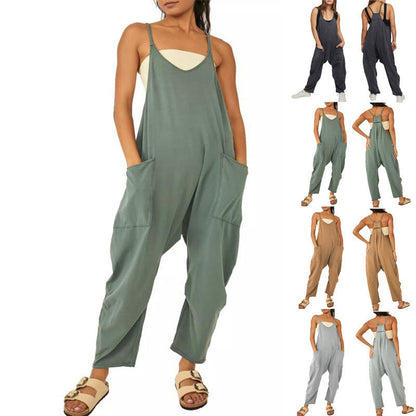 Lockerer, ärmelloser Damen-Jumpsuit mit Spaghettiträgern, Reißverschluss und Taschen – langer Stretch-Overall