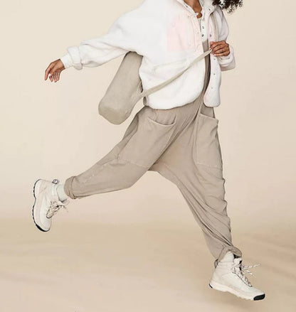 Lockerer, ärmelloser Damen-Jumpsuit mit Spaghettiträgern, Reißverschluss und Taschen – langer Stretch-Overall