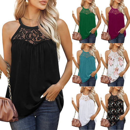 Damen-Tanktops, locker geschnitten, sommerliche Spitzen-Neckholder-Tops, ärmellose Shirts