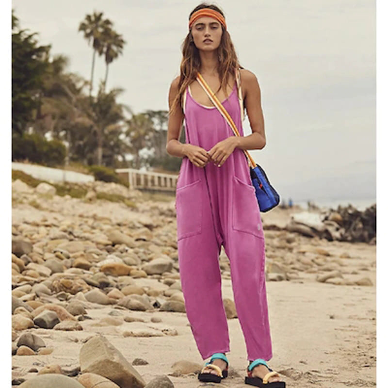 Lockerer, ärmelloser Damen-Jumpsuit mit Spaghettiträgern, Reißverschluss und Taschen – langer Stretch-Overall