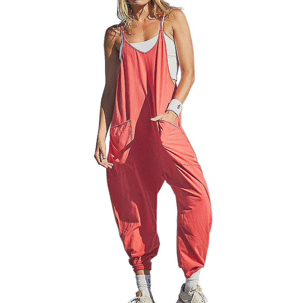 Lockerer, ärmelloser Damen-Jumpsuit mit Spaghettiträgern, Reißverschluss und Taschen – langer Stretch-Overall