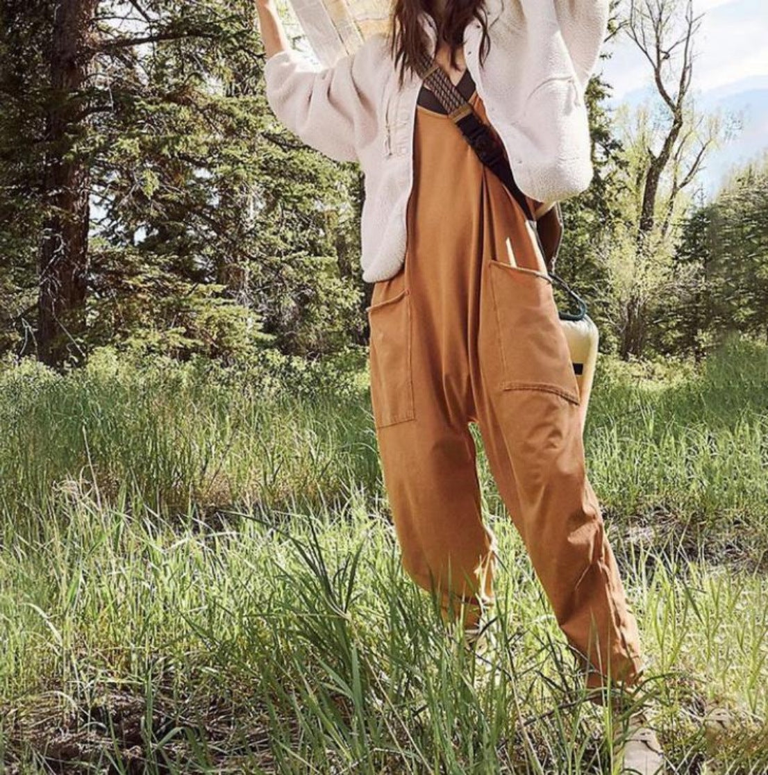Lockerer, ärmelloser Damen-Jumpsuit mit Spaghettiträgern, Reißverschluss und Taschen – langer Stretch-Overall