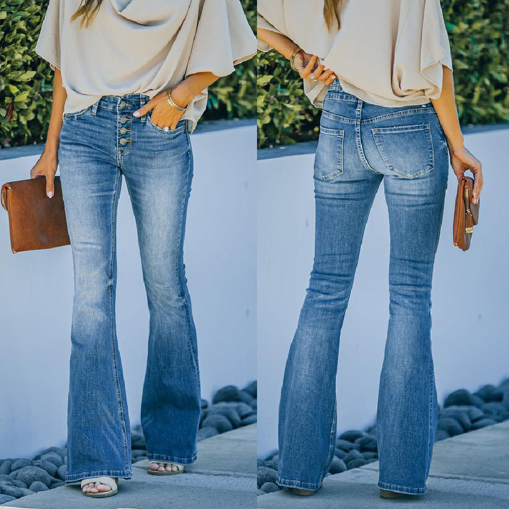 Damenjeans im Slim-Fit-Schnitt – schmal geschnittene, gewaschene Schlaghose mit mehrfacher Knopfleiste