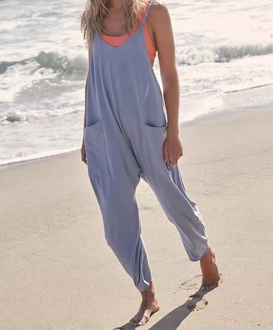 Lockerer, ärmelloser Damen-Jumpsuit mit Spaghettiträgern, Reißverschluss und Taschen – langer Stretch-Overall