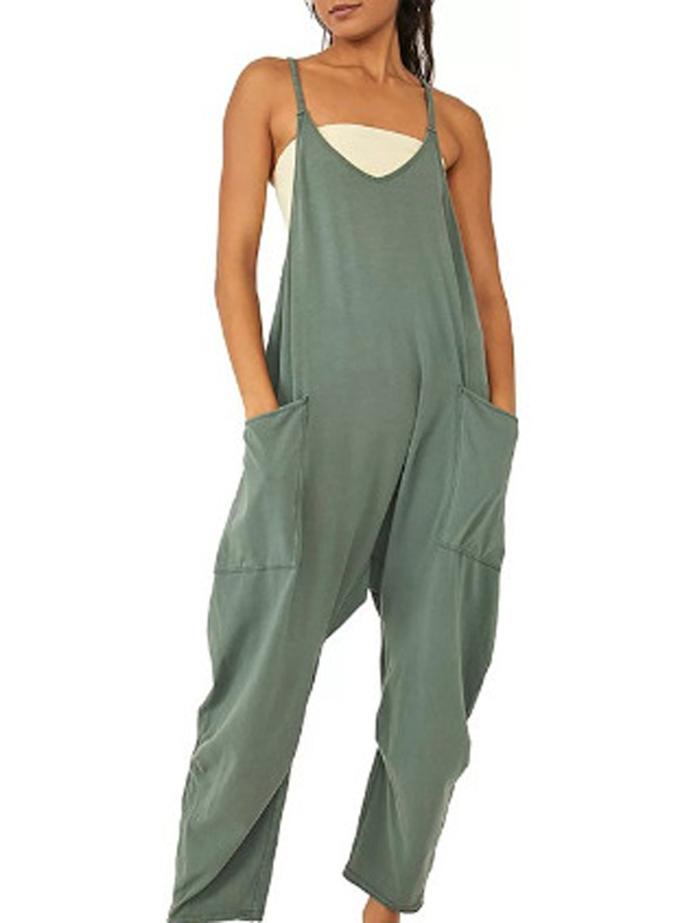 Lockerer, ärmelloser Damen-Jumpsuit mit Spaghettiträgern, Reißverschluss und Taschen – langer Stretch-Overall