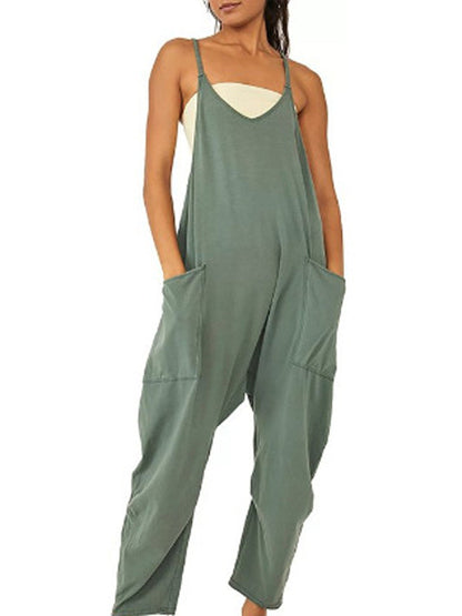 Lockerer, ärmelloser Damen-Jumpsuit mit Spaghettiträgern, Reißverschluss und Taschen – langer Stretch-Overall